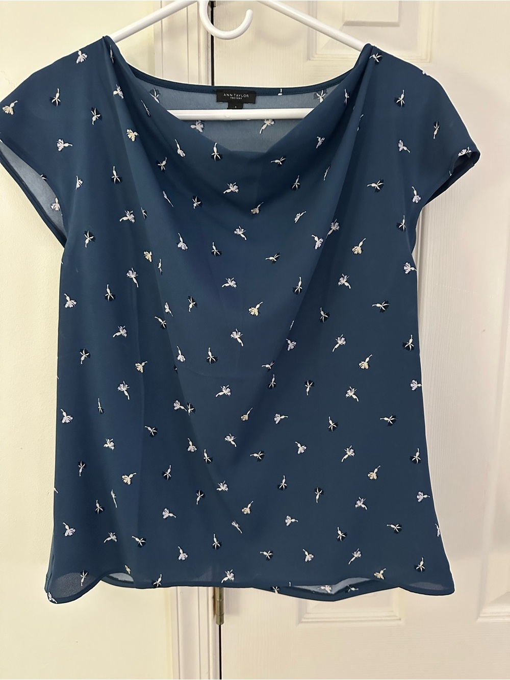 Ann Taylor Blue Floral Drape-Neck Blouse - never worn